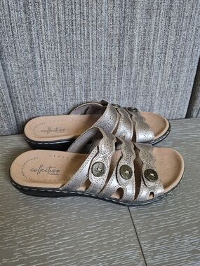 Clarks Metallic Bronze Triple-Strap Slide Sandals